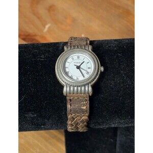 Small Fossil Watch Women Silver Metal & Brown Weave Leather EC-8698